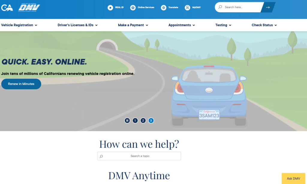 California DMV home page